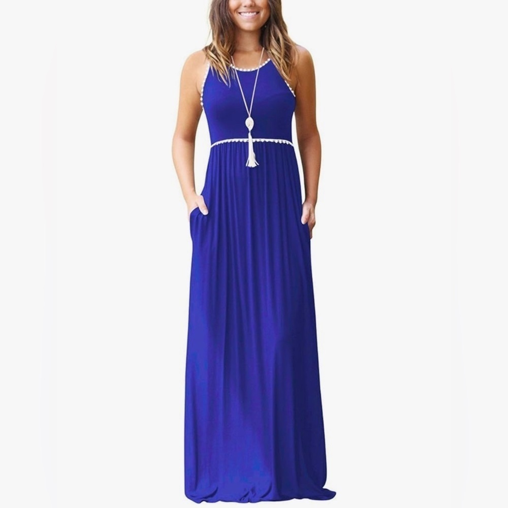 NWT Women’s Boutique Sleeveless Blue Maxi Dress with White Detail size medium